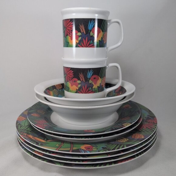 MALA Melamine Jungle Parrots & Flowers Set Cups Saucers Bowls Plates 10 Lot - Picture 7 of 15